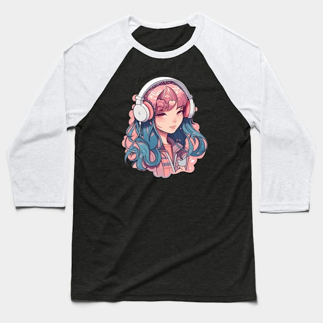 Cute headphone anime girl Baseball T-Shirt by AestheticsArt81